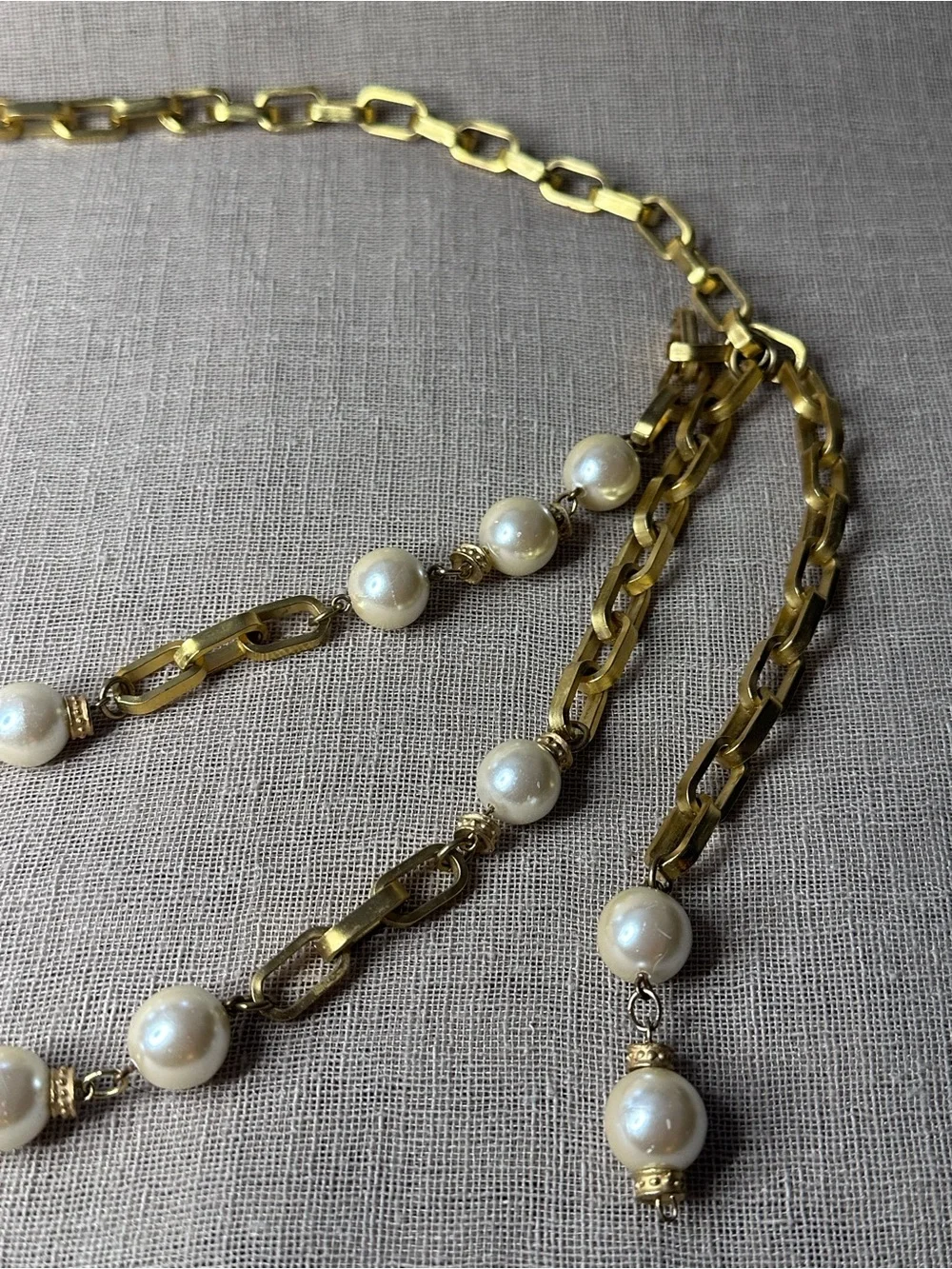 Vintage 80s Gold Chain Belt Faux Pearl Swag Link Boho Adjustable Necklace